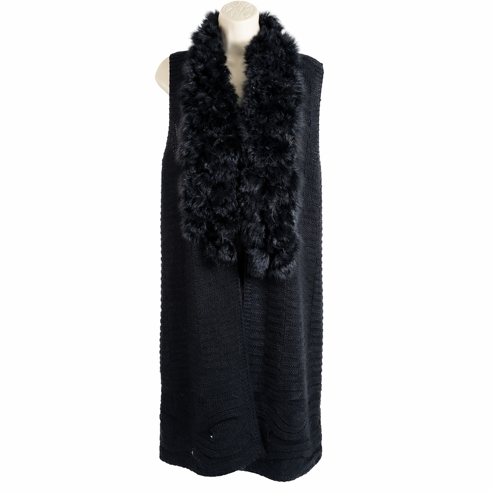 Mosnova Black Long Knit Faux Fur Trim Duster Vest Open Front Women's S/M